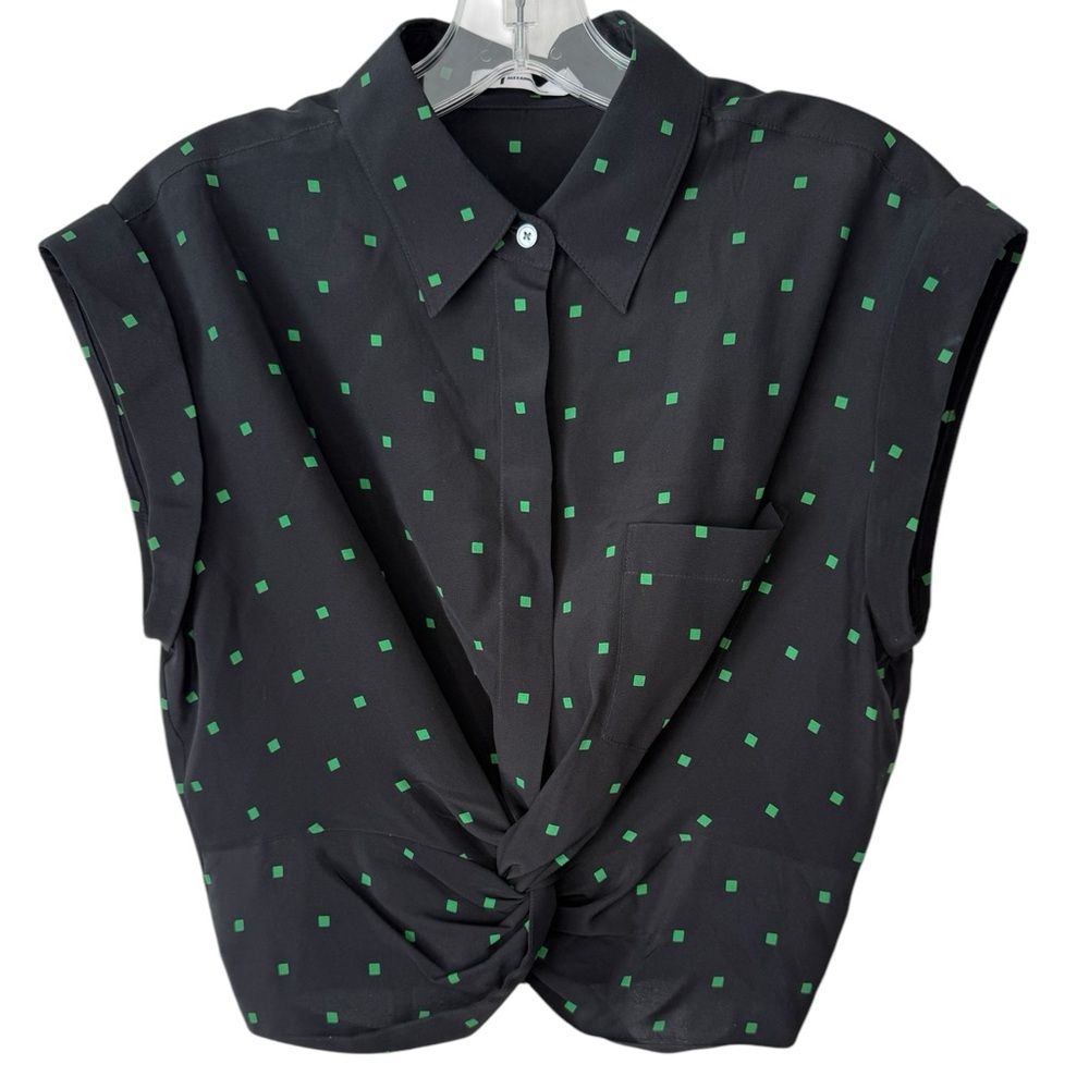 Alexander Wang Silk Black Green Dot Twist Front Collared Cropped Shirt Size 6